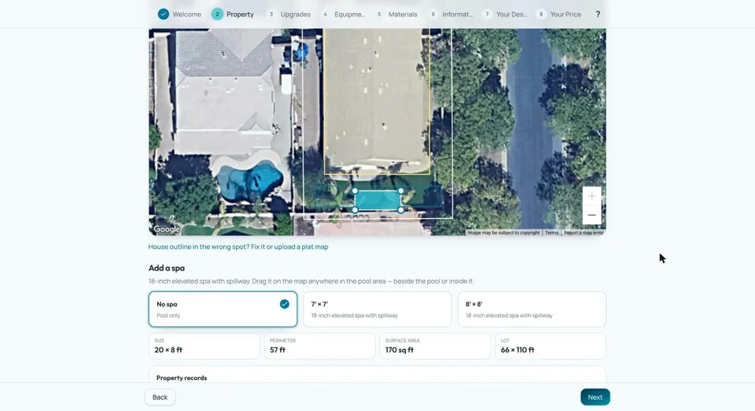 Pool and spa shape options with size, perimeter and surface area