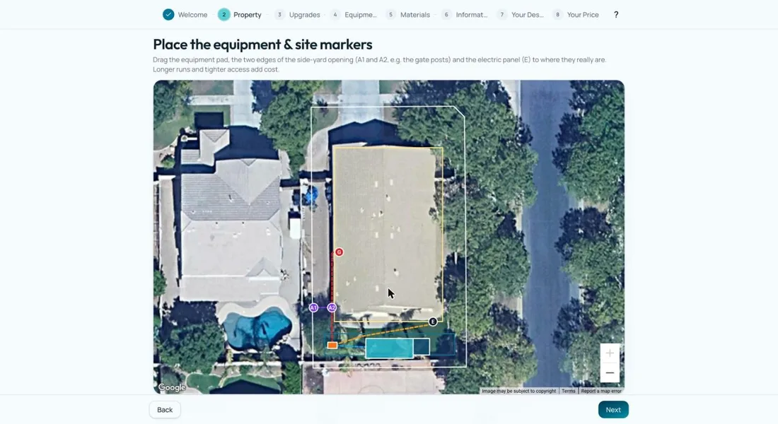 Satellite map with equipment pad, gate points and utility markers placed