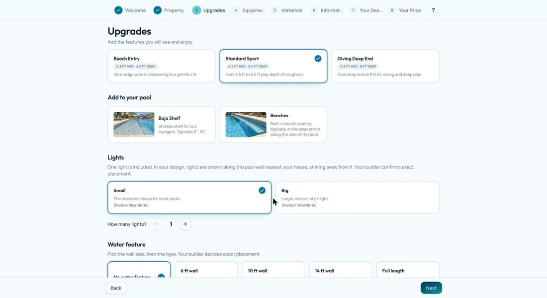 Upgrade choices including depth, baja shelf, benches and lights