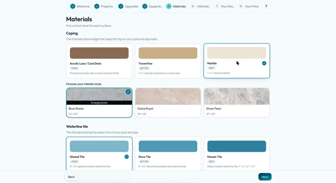 Material catalog for coping, coping styles and waterline tile