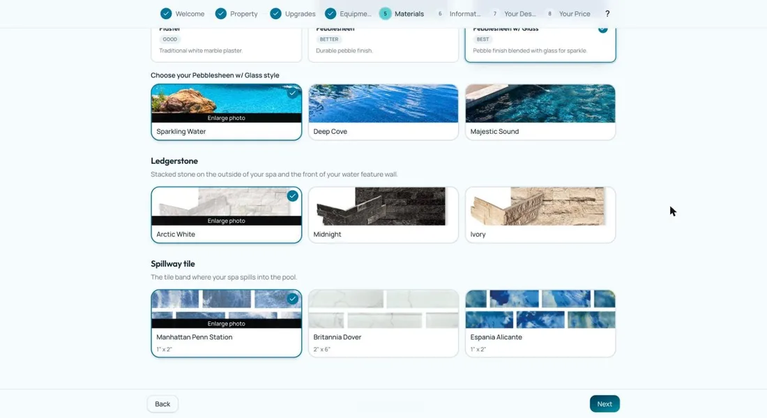 Material catalog for interior finish, ledgerstone and spillway tile