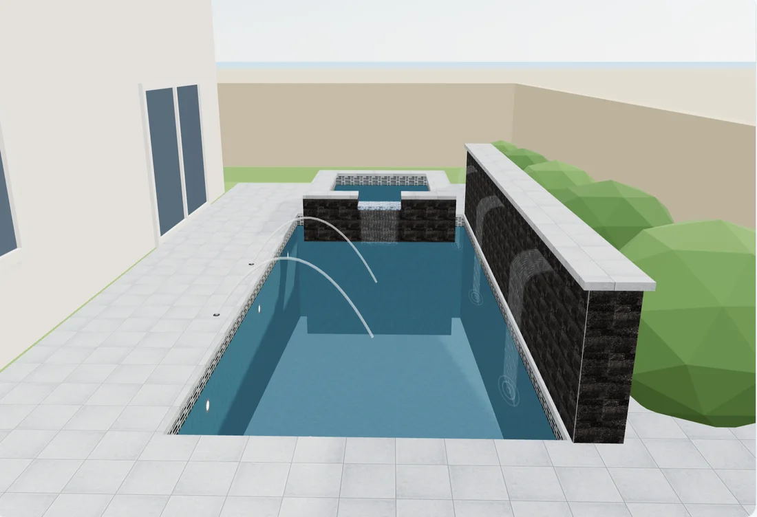 3D view of a backyard pool and spa with water feature