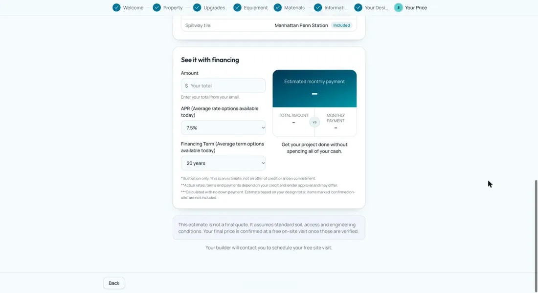 Financing calculator with amount, rate and term